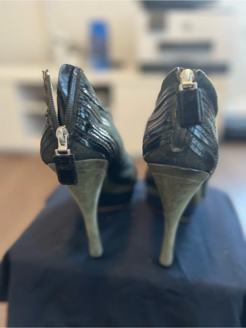 L.A.M.B. Black Peep-Toe Ankle Booties with Gloss Striped Toe